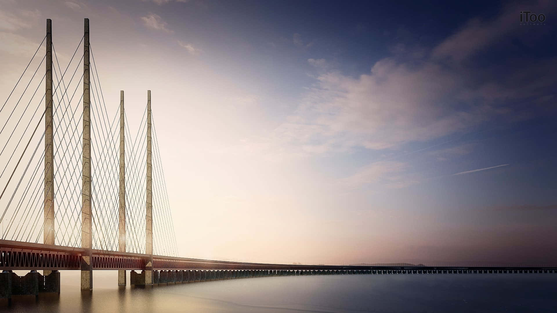 Oresund Bridge, cable-stayed bridge, calm water, Full HD Desktop Wallpaper