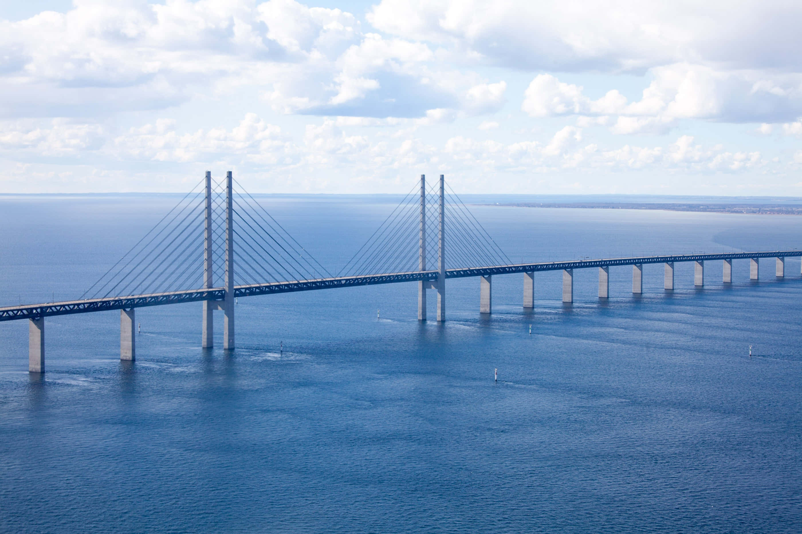 Oresund Bridge, cable-stayed bridge, vast blue sea, 2K Desktop Wallpaper