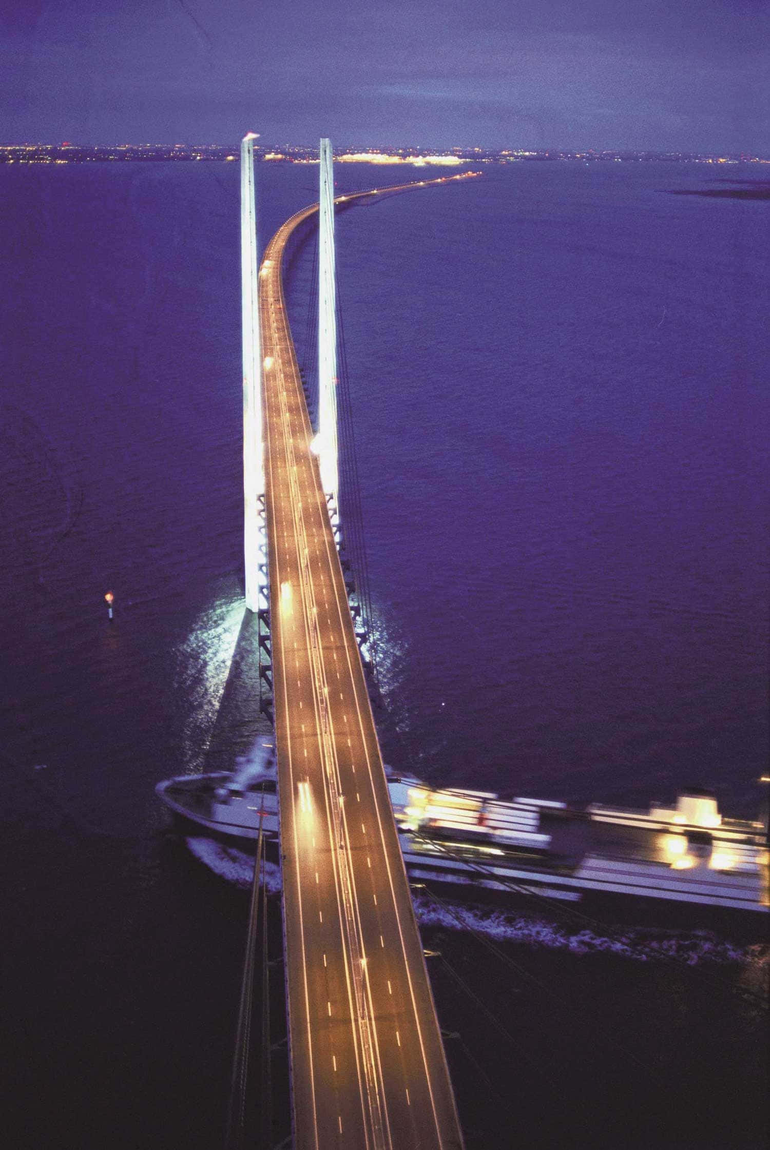 Oresund Bridge, night, glowing suspension bridge, Full HD Phone Wallpaper