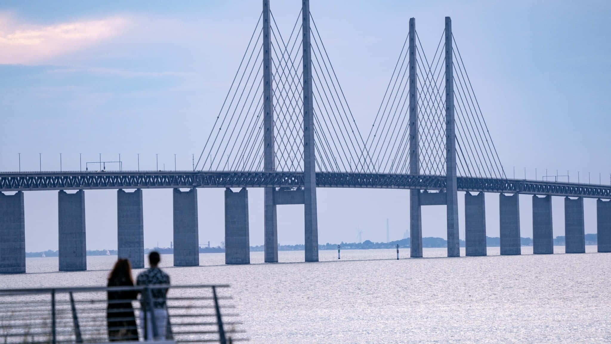 Oresund Bridge, railing, vast body of water, Full HD Desktop Wallpaper