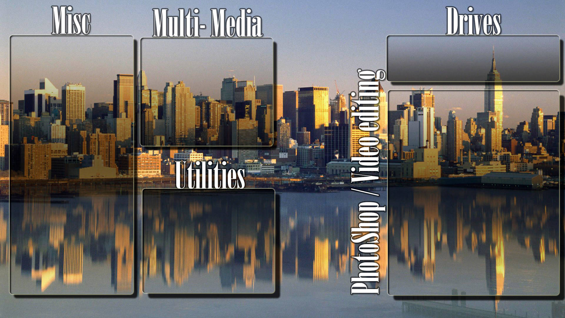 Golden hour, city skyline, calm water, Full HD Desktop Wallpaper