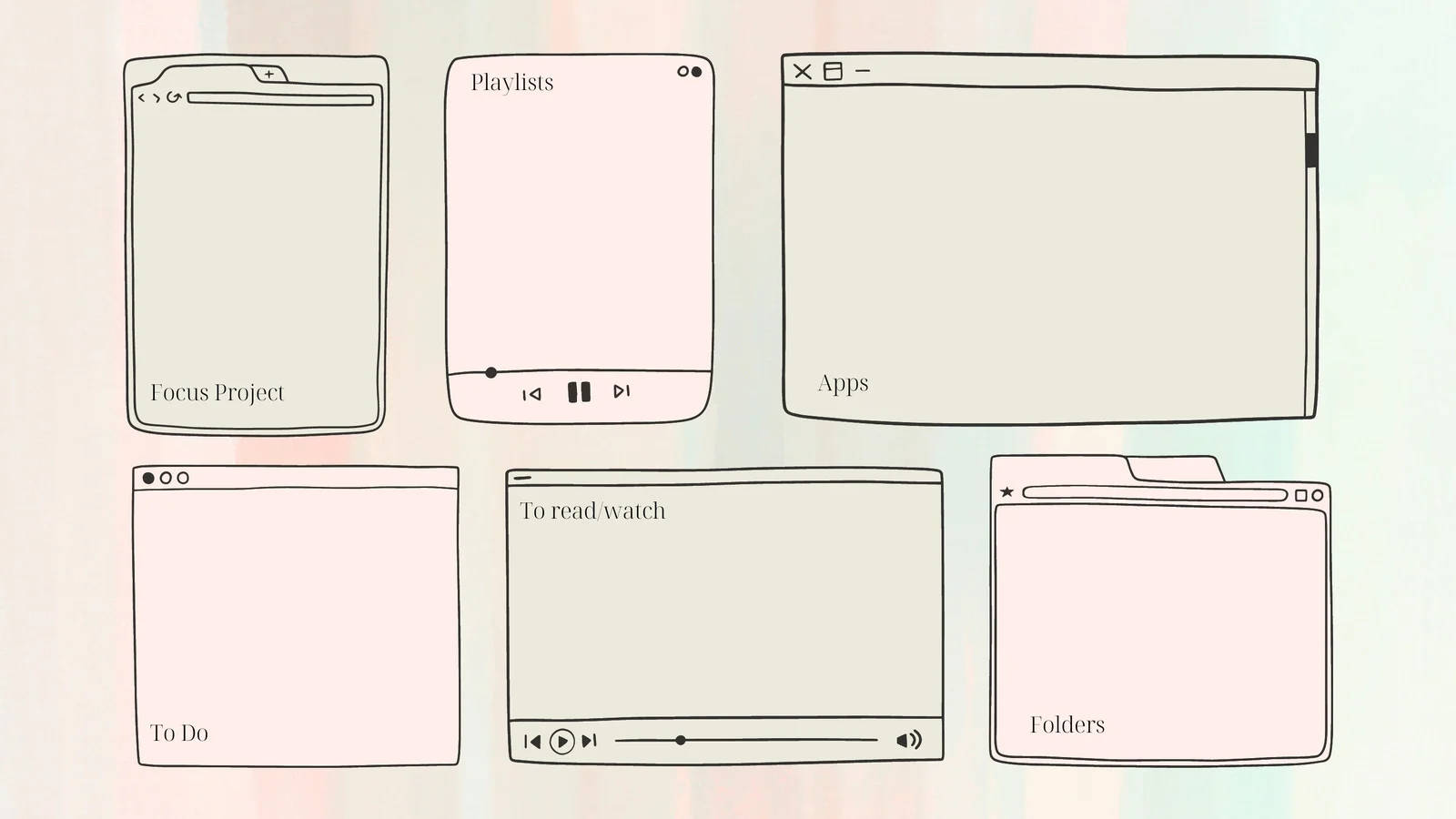 Computer Windows Desktop Organizer, minimalist line-art illustration, six digital interface windows, HD Desktop Wallpaper