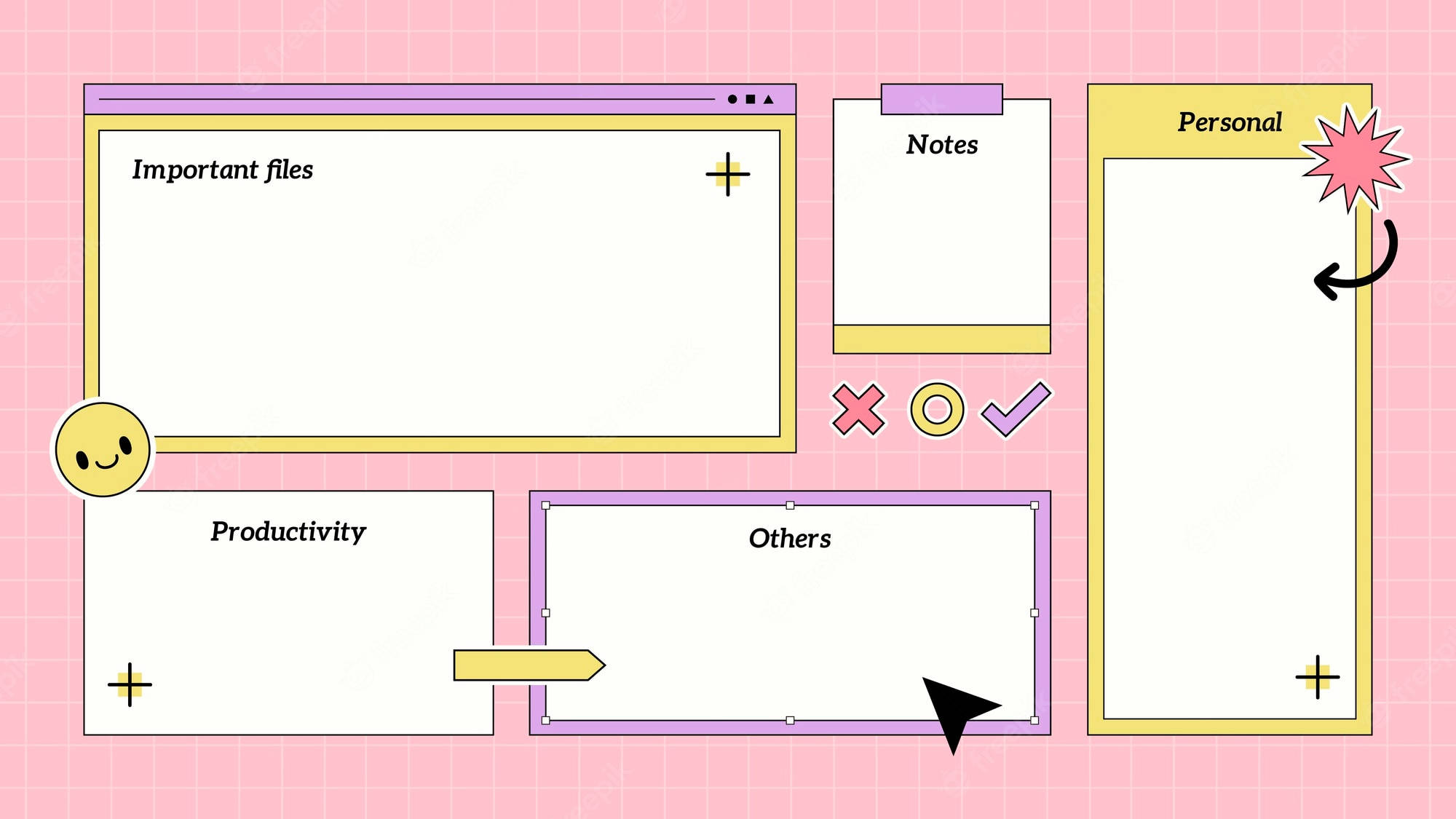 pastel pink grid background, colorful outlined digital folders, Important files, Full HD Desktop Wallpaper