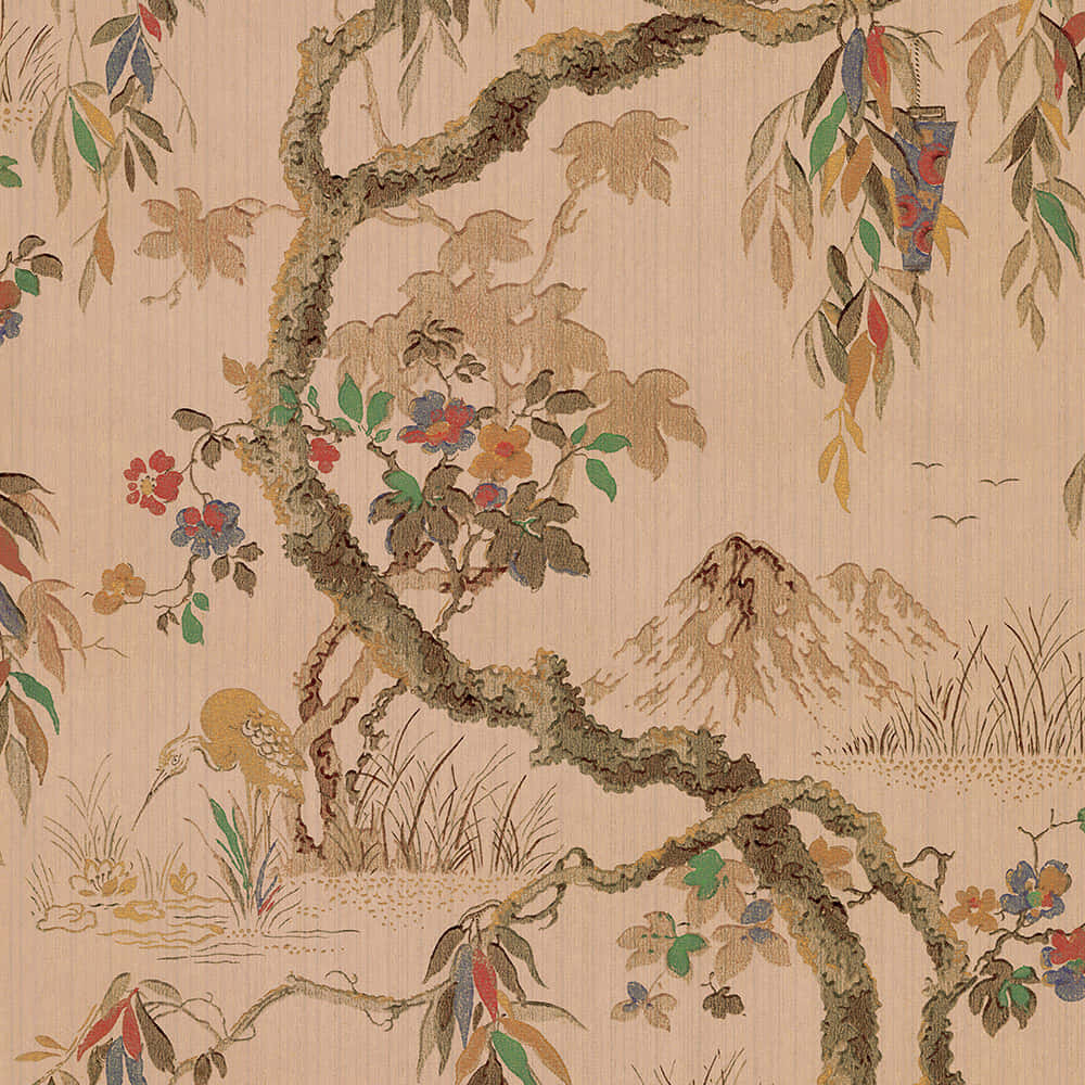vintage asian landscape tapestry, ornate tapestry-style wallpaper, winding tree, SD Desktop Wallpaper