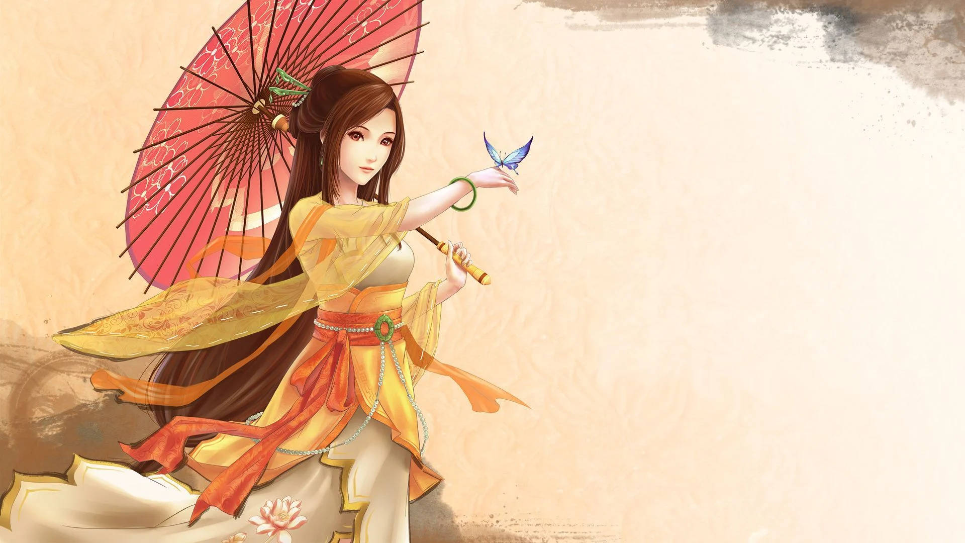 anime-style woman, flowing yellow and orange robes, red parasol, Full HD Desktop Wallpaper