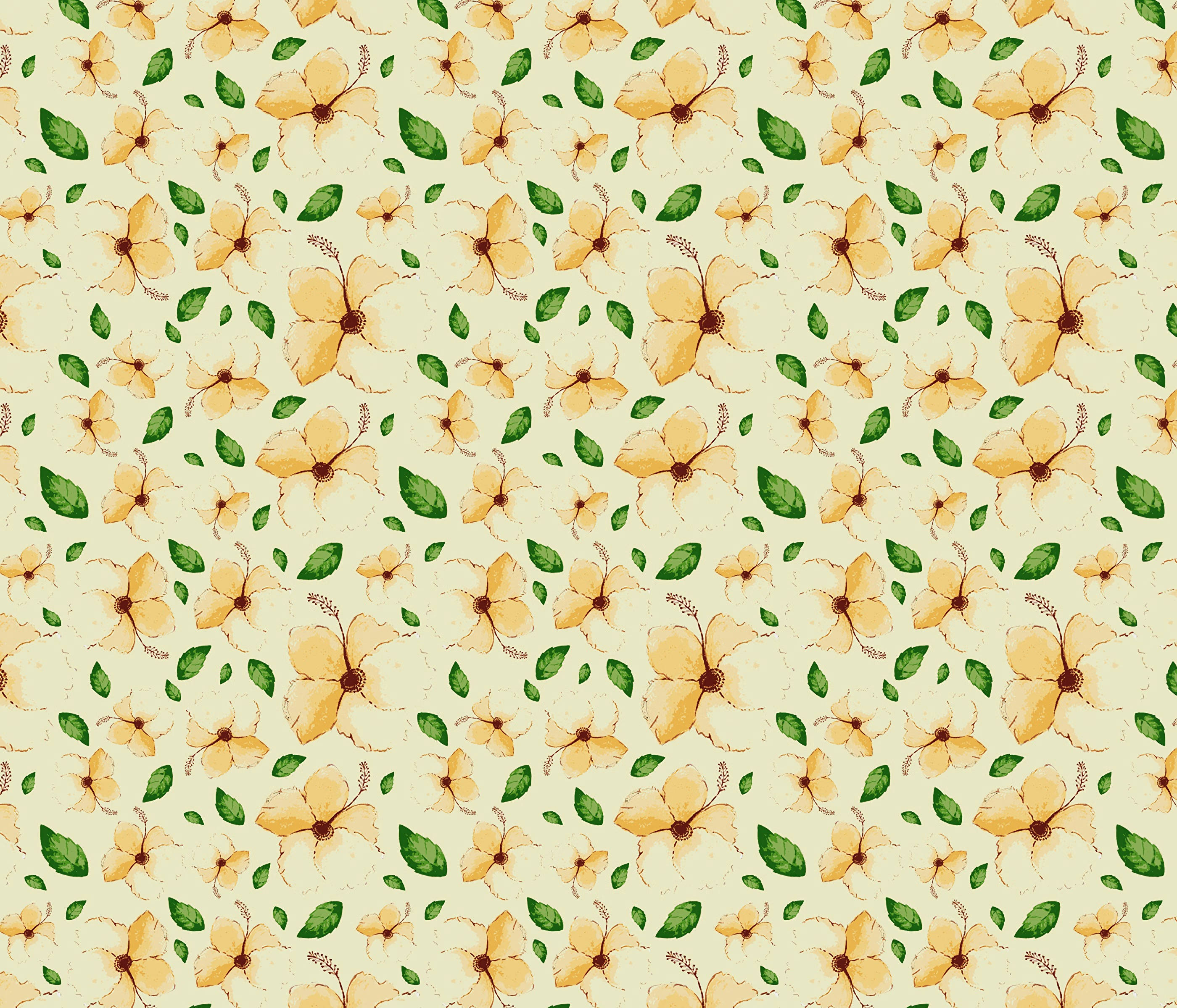 Oriental Floral design, yellow flowers, green leaves, 2K Desktop Wallpaper