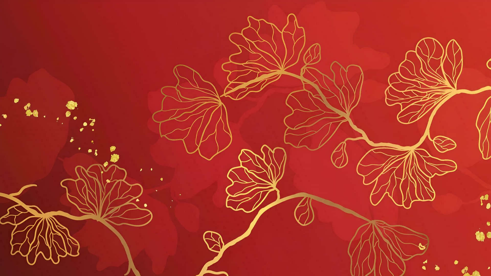 elegant oriental floral pattern, golden outlined floral branches, delicate leaves, Full HD Desktop Wallpaper