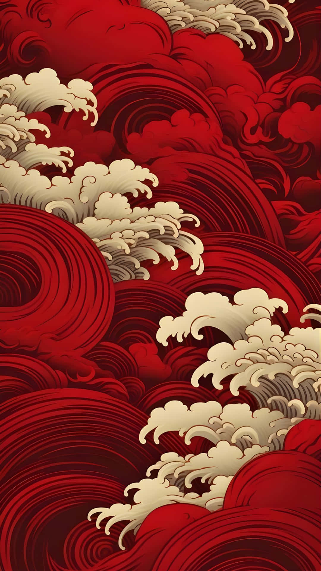 Oriental Wave Pattern, vibrant red, cream, Full HD Phone Wallpaper