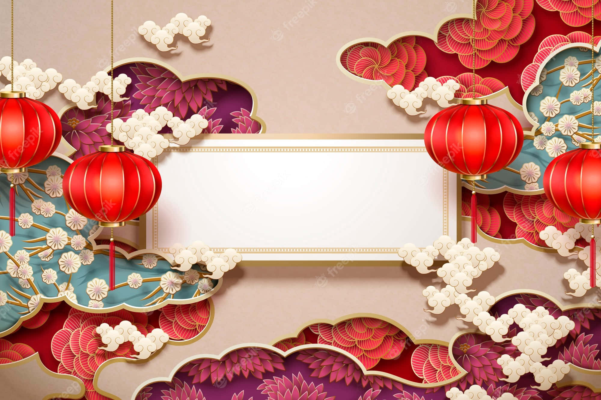 Traditional Chinese-Inspired Design, vibrant red lanterns, layered paper-cut clouds, Full HD Desktop Wallpaper