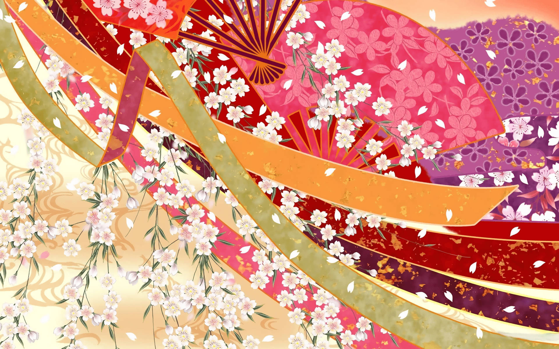Japanese fans, cherry blossoms, gold accents, Full HD Desktop Wallpaper