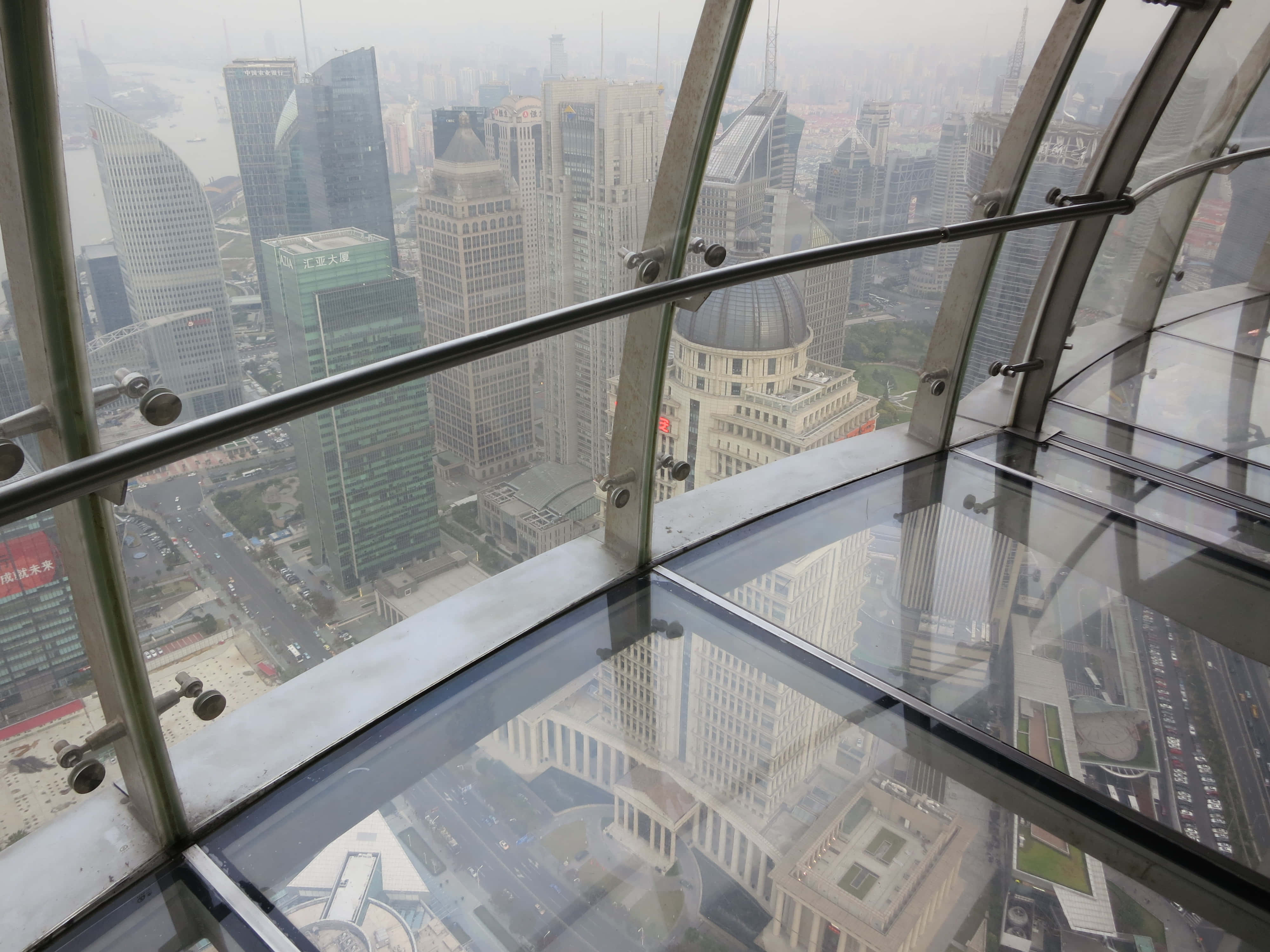 Oriental Pearl Tower, glass-floored observation deck, hazy futuristic cityscape, 4K Desktop Wallpaper