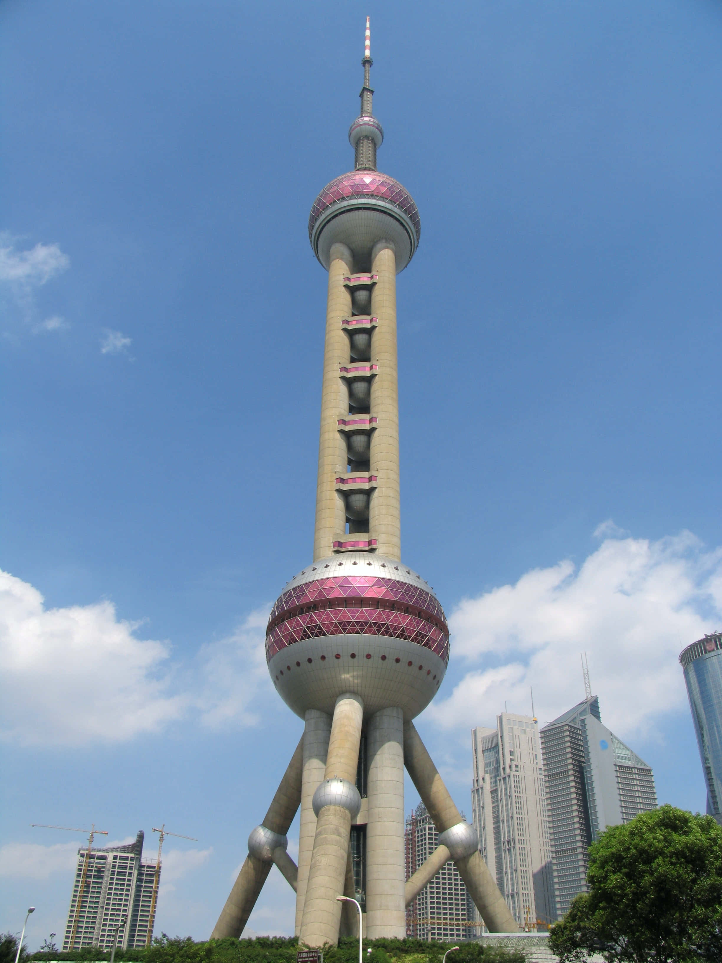 Oriental Pearl Tower, bright blue sky, fluffy white clouds, 2K Phone Wallpaper