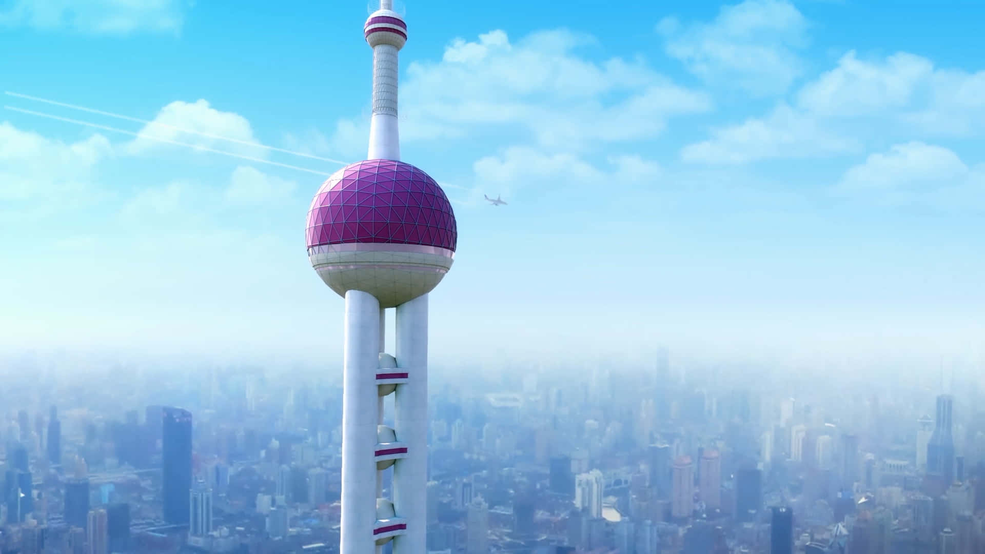 Oriental Pearl Tower, bright blue sky, fluffy clouds, Full HD Desktop Wallpaper