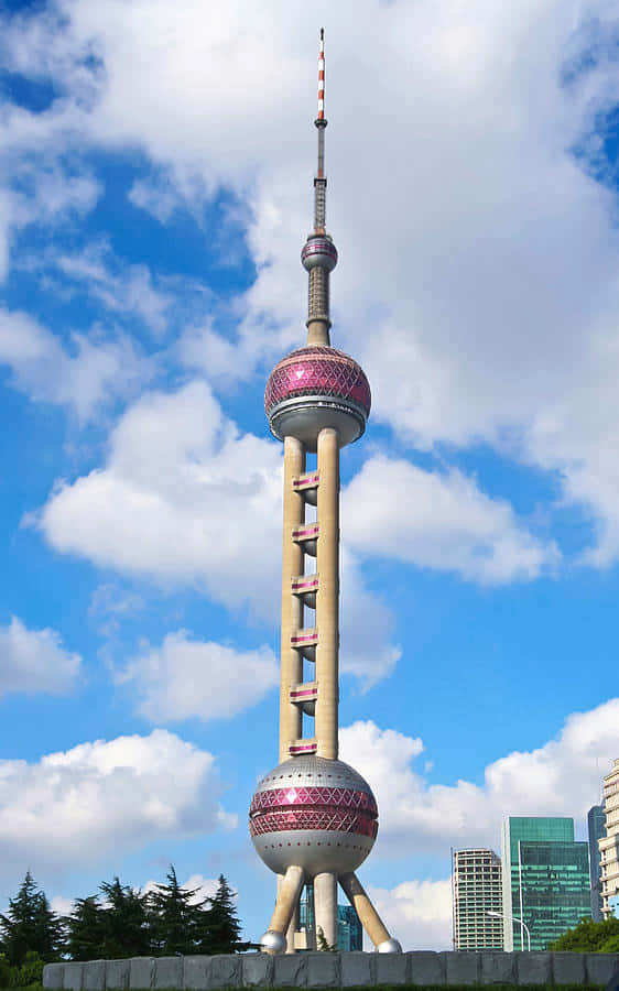 Oriental Pearl Tower, bright blue sky, fluffy white clouds, SD Phone Wallpaper