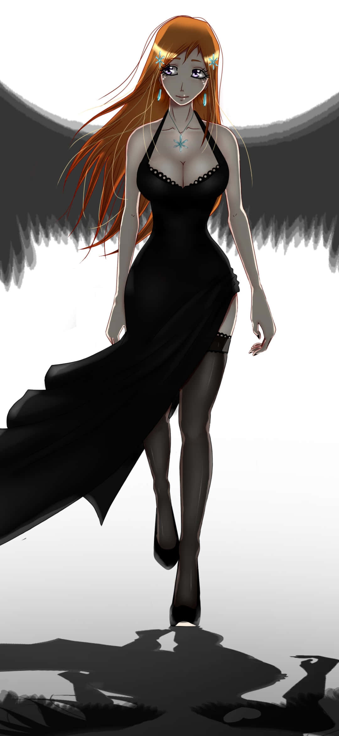 Orihime Inoue, fiery orange hair, black wings, Full HD Phone Wallpaper
