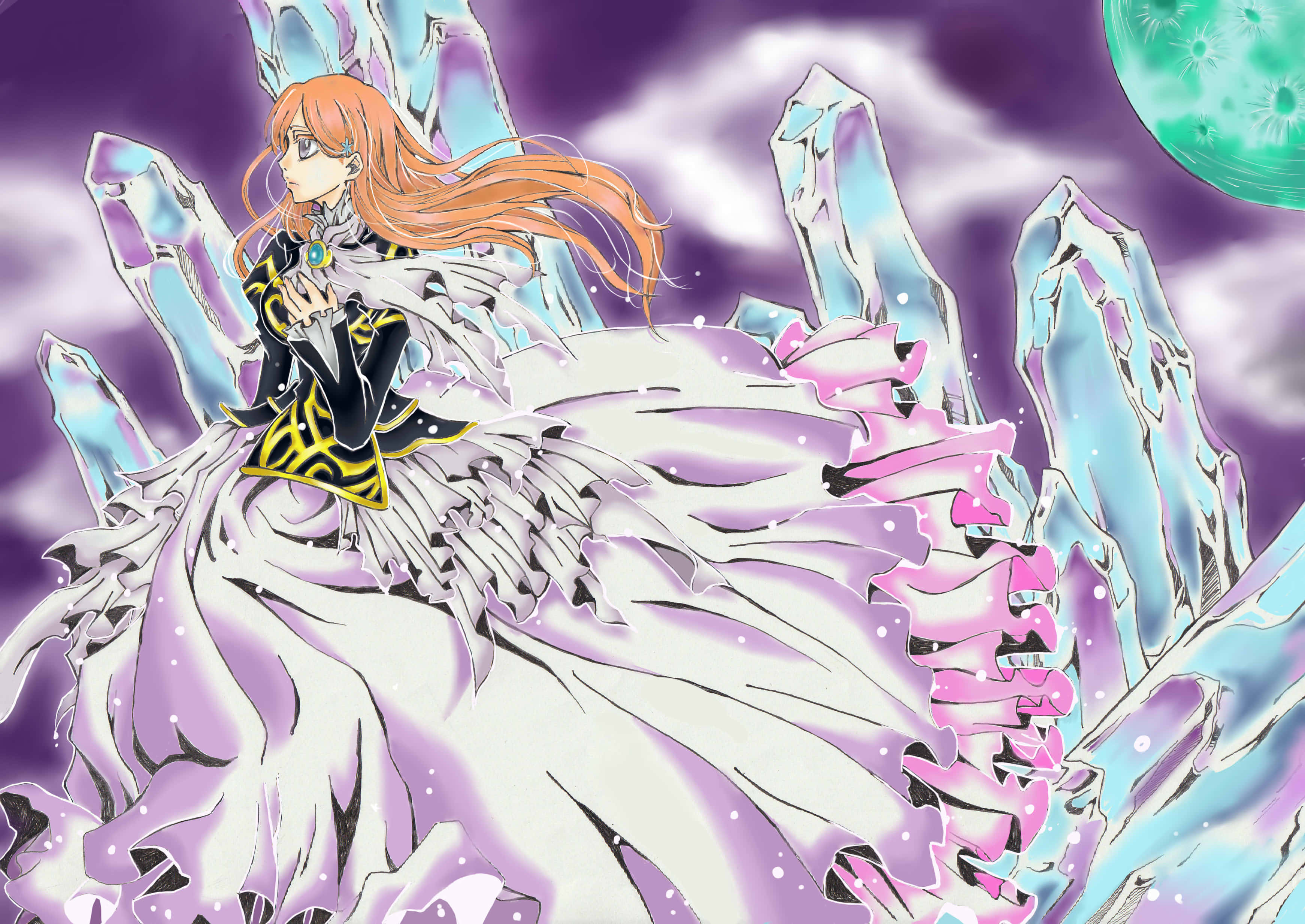 Orihime Inoue, orange hair, black and yellow dress, 2K Desktop Wallpaper