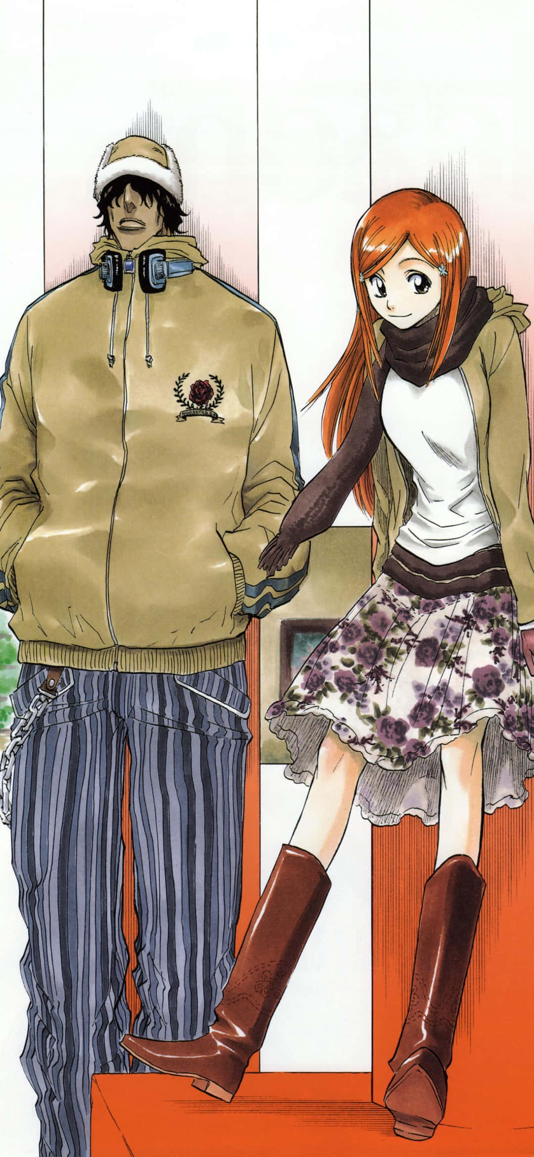 Orihime Inoue, beige hoodie, striped pants, Full HD Phone Wallpaper