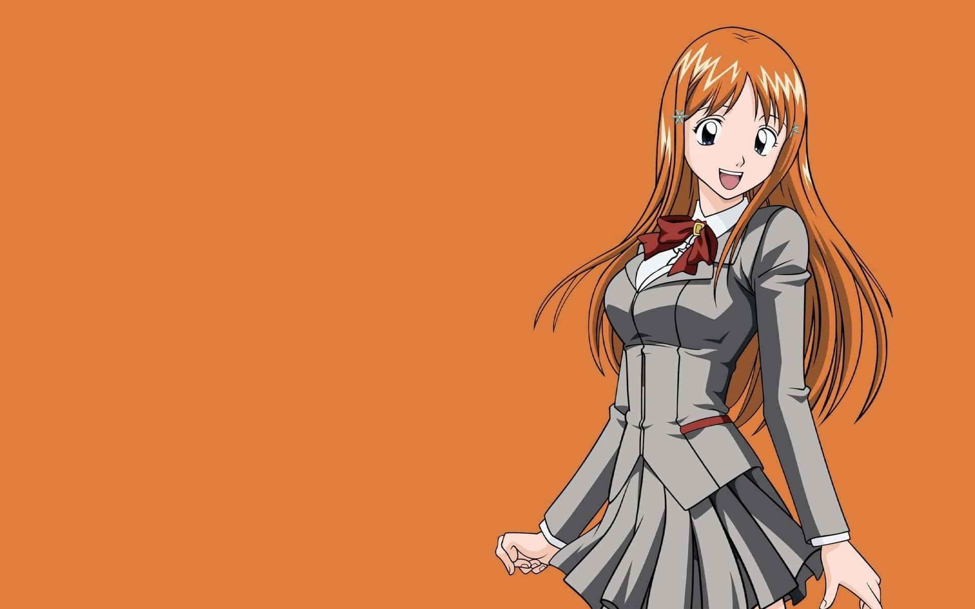 Orihime Inoue, long orange hair, grey school uniform, Full HD Desktop Wallpaper