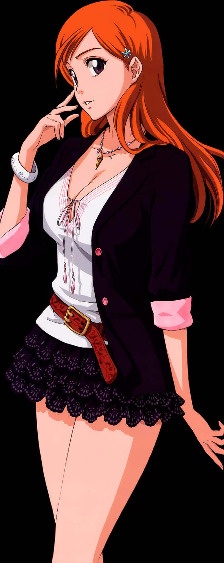 Orihime Inoue, fiery orange hair, black blazer, Full HD Phone Wallpaper