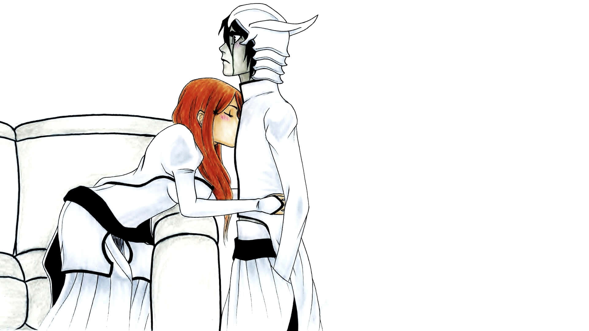 Orihime Inoue, red-haired woman, tall masked figure in white robes, Full HD Desktop Wallpaper