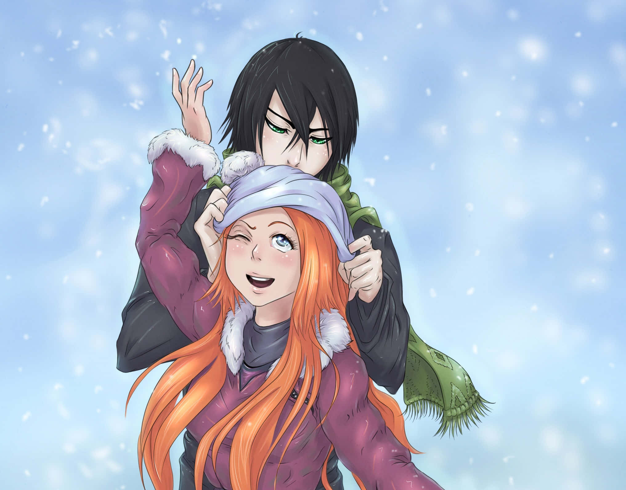Orihime Inoue, orange hair, black-haired boy, Full HD Desktop Wallpaper