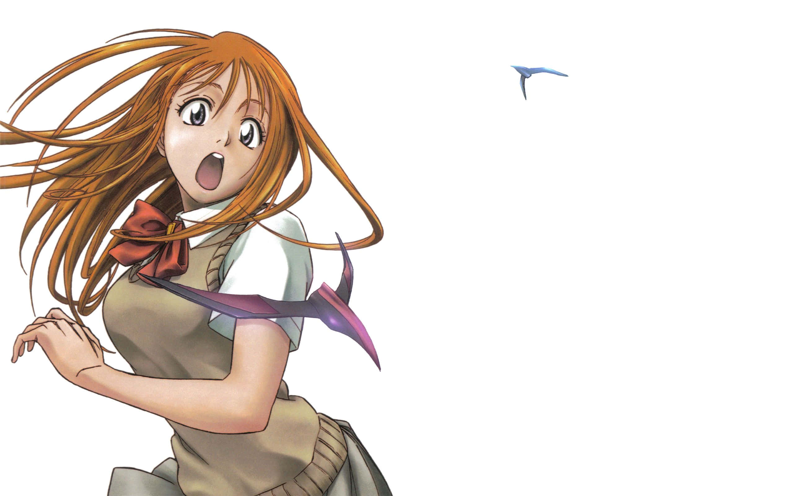 Orihime Inoue, orange hair, red bow, 2K Desktop Wallpaper