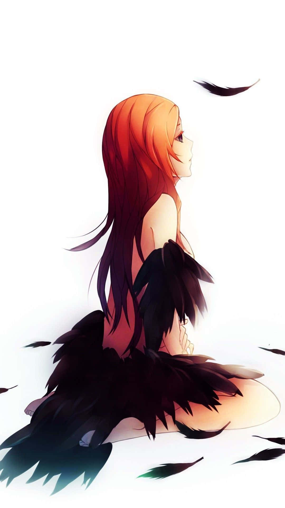 Orihime Inoue, fiery orange hair, black feathered wings, Full HD Phone Wallpaper