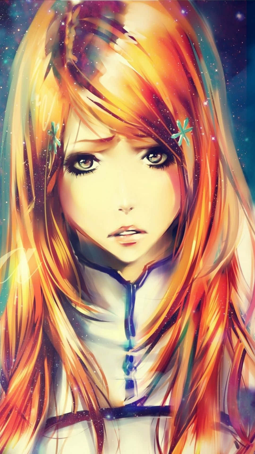 Orihime Inoue, fiery orange hair, starry cosmic background, Full HD Phone Wallpaper