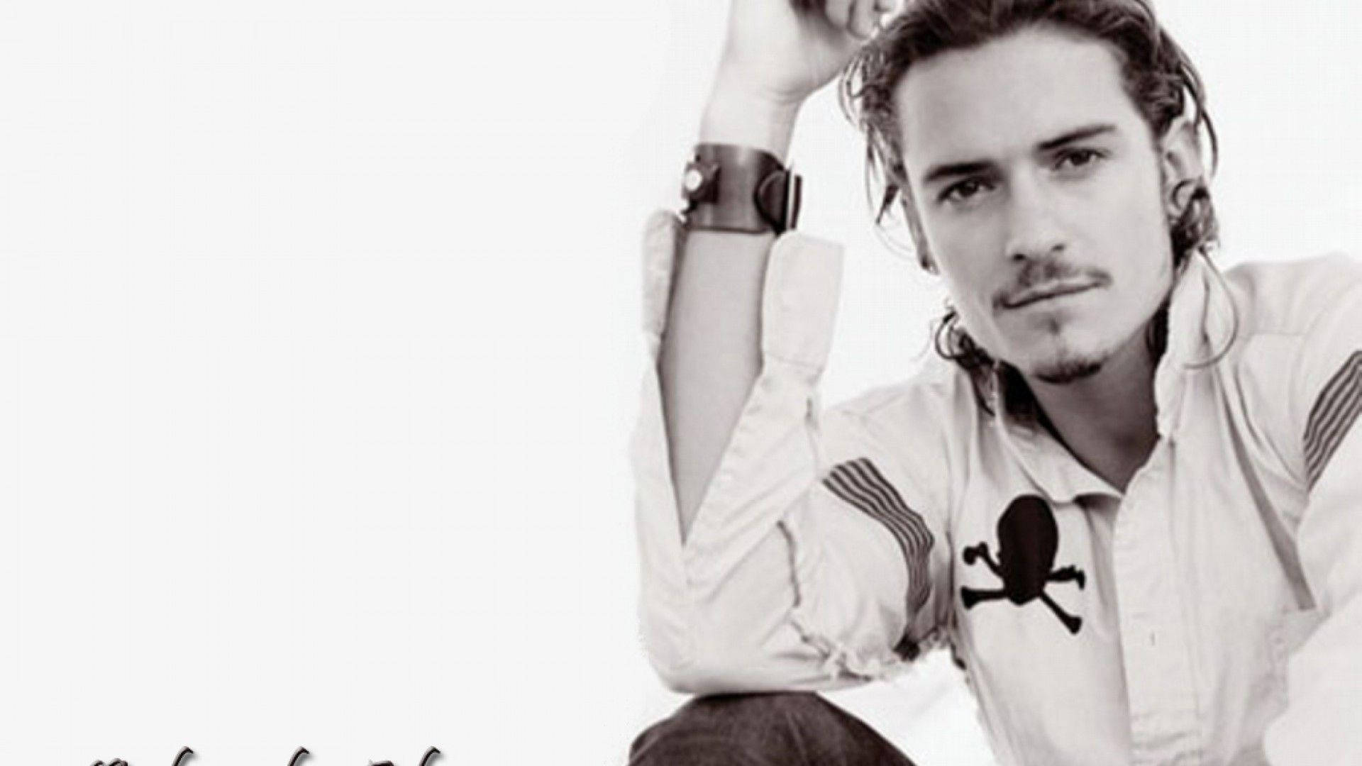 Orlando Bloom, long hair, skull patch, Full HD Desktop Wallpaper