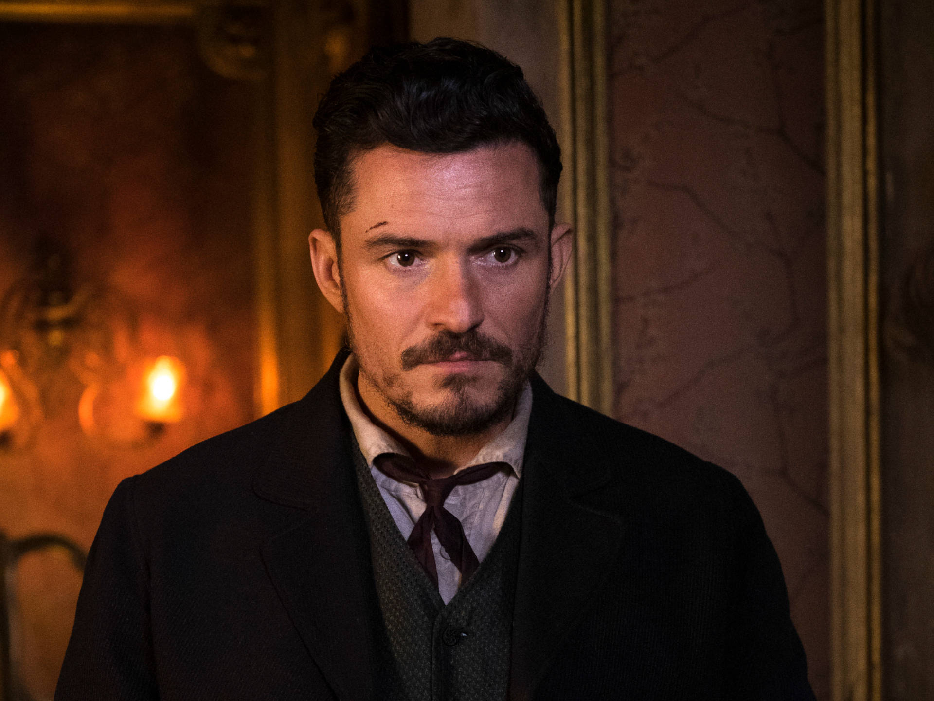 Orlando Bloom, dark suit, warmly lit vintage room, Full HD Desktop Wallpaper