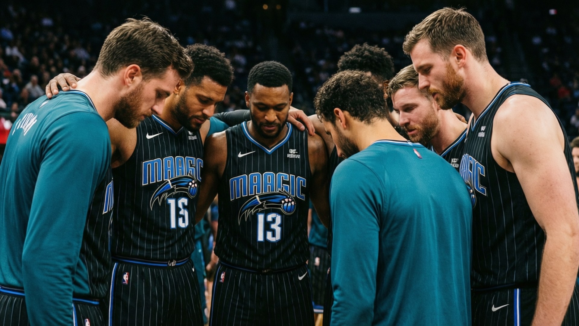 Orlando Magic, dark blue pinstripe uniforms, huddle closely on court, Full HD Desktop Wallpaper