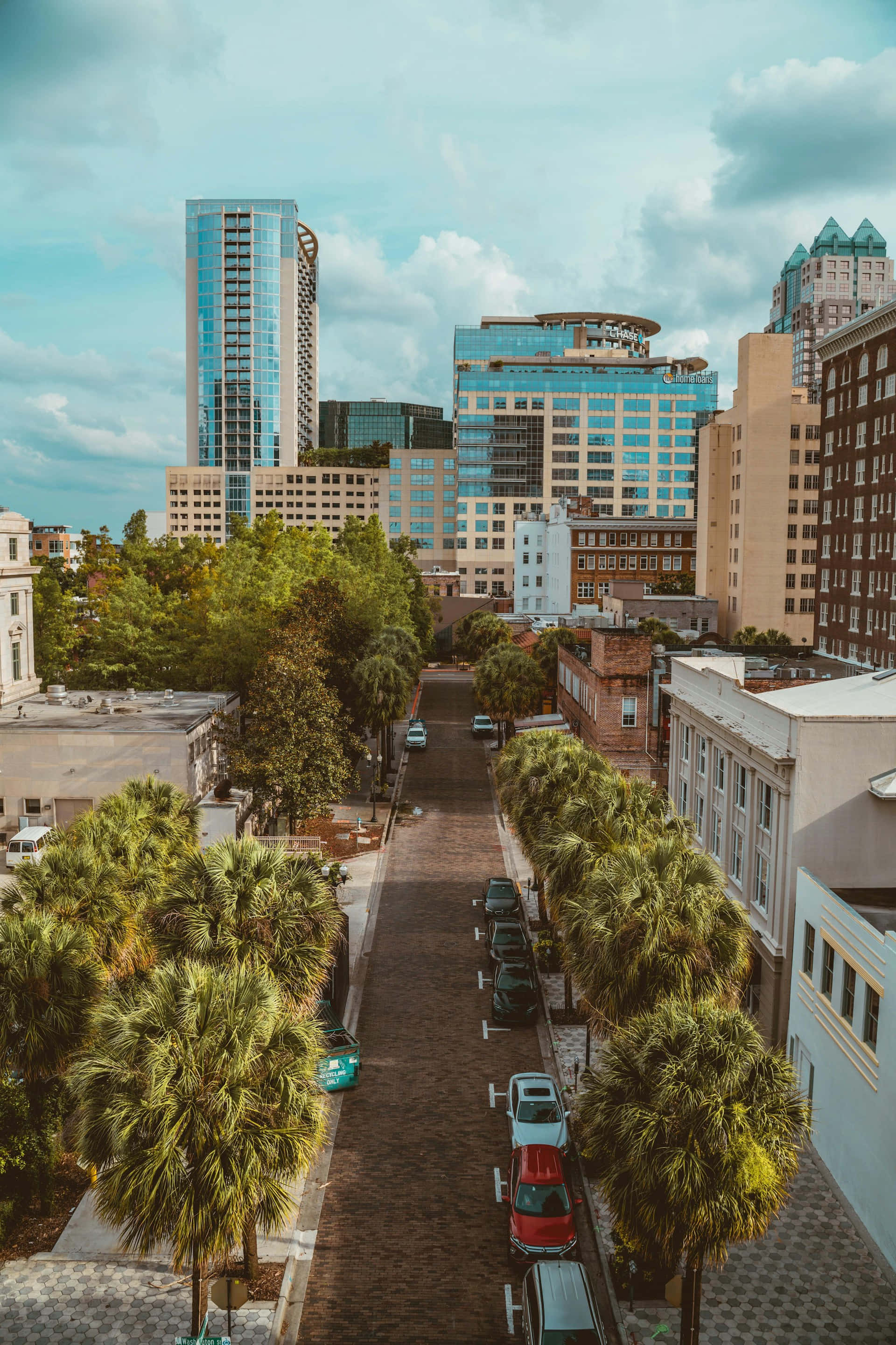 Orlando, downtown street view, tree-lined brick street, 2K Phone Wallpaper