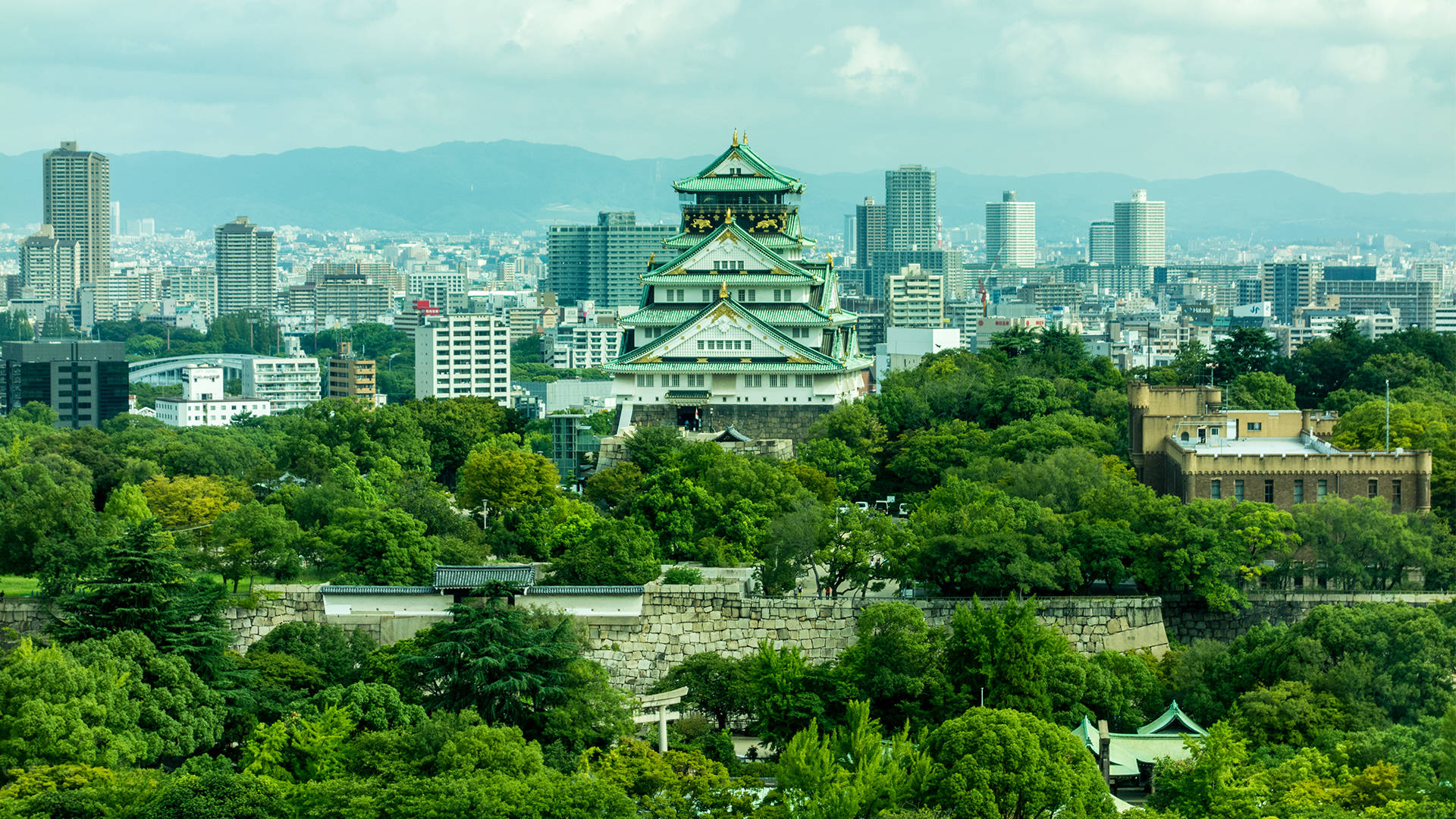 Osaka Castle, green roofs, lush hill, Full HD Desktop Wallpaper