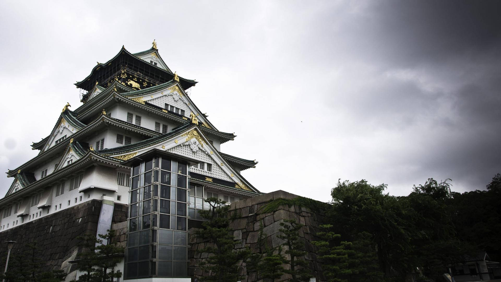 Osaka Castle, white walls, gold accents, Full HD Desktop Wallpaper