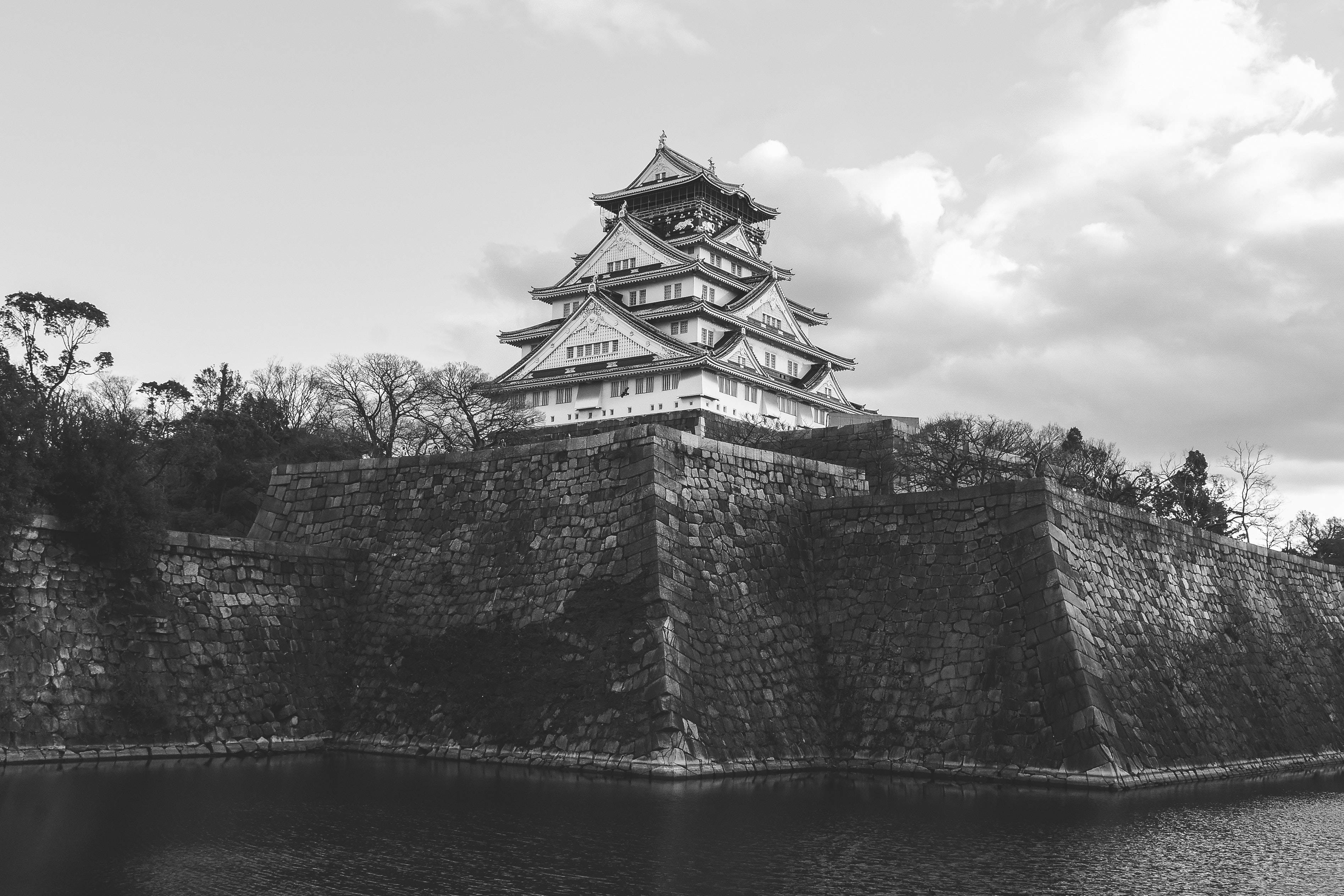 Osaka Castle, black and white, stone walls, 2K Desktop Wallpaper