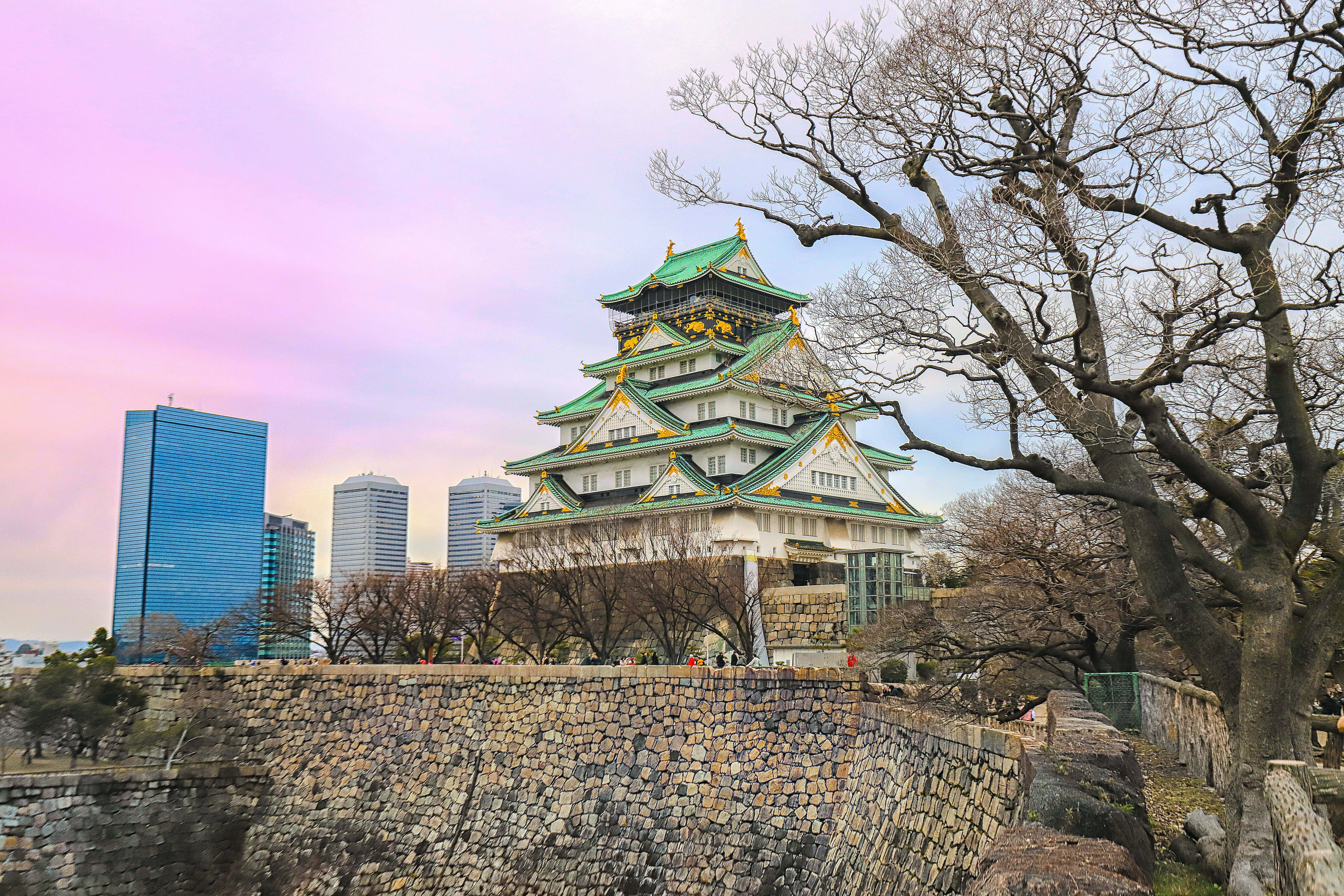 Osaka Castle, green roofs, pink sky, 5K Desktop Wallpaper
