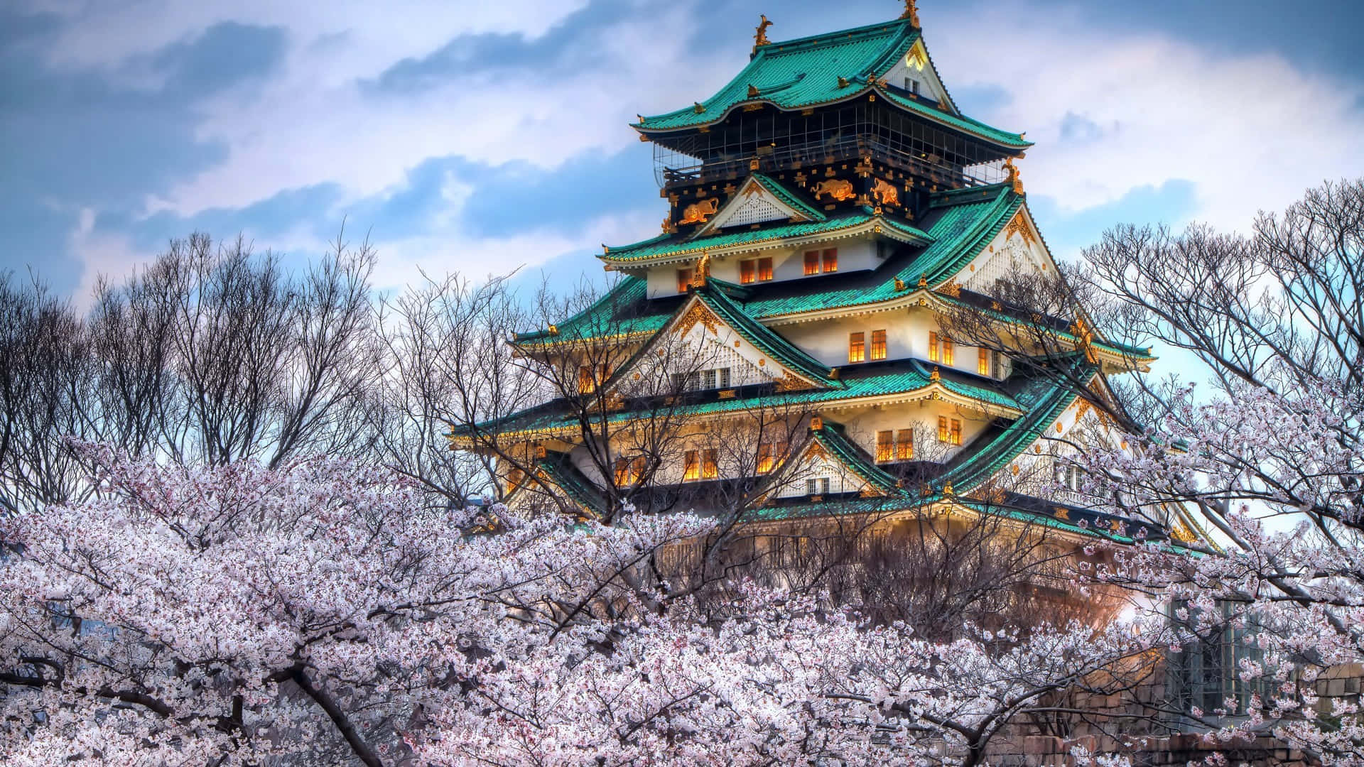 Osaka Castle, green roofs, glowing windows, Full HD Desktop Wallpaper