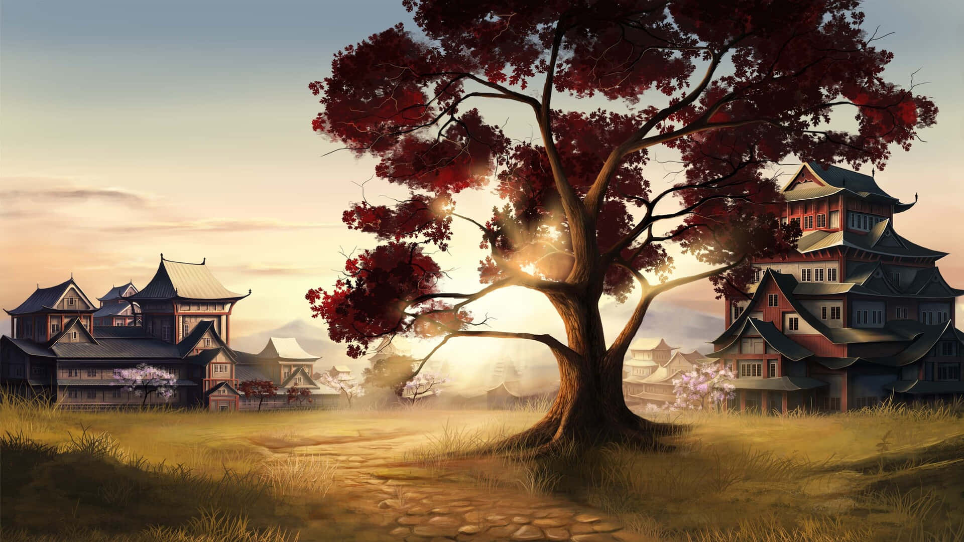 Osaka Castle, red-leafed tree, traditional Japanese architecture, Full HD Desktop Wallpaper