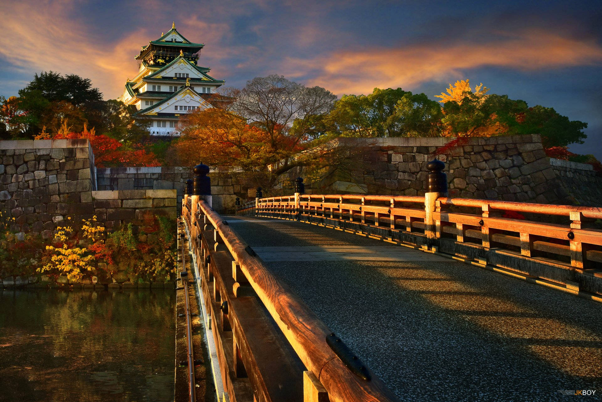 Osaka Castle, wooden bridge, vibrant sunset sky, Full HD Desktop Wallpaper
