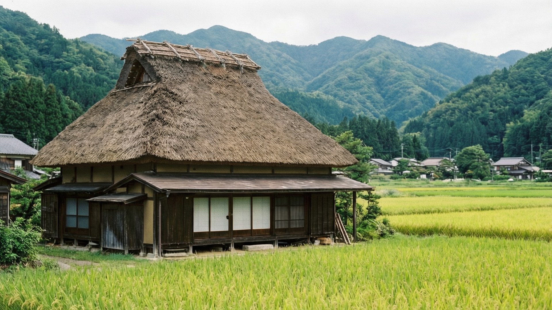 Osaka, thatched-roof Japanese farmhouse, golden rice paddies, Full HD Desktop Wallpaper