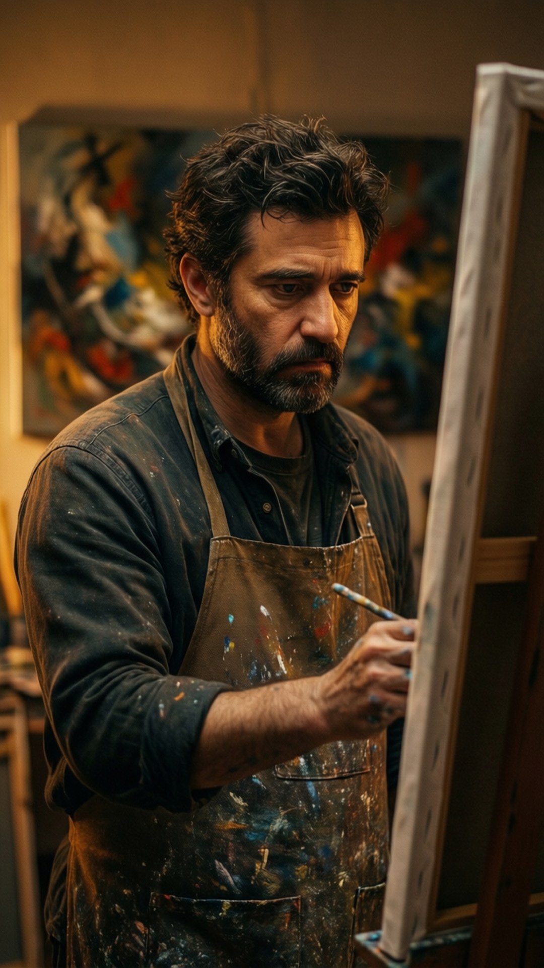 Oscar, bearded artist, paint-splattered apron, Full HD Phone Wallpaper