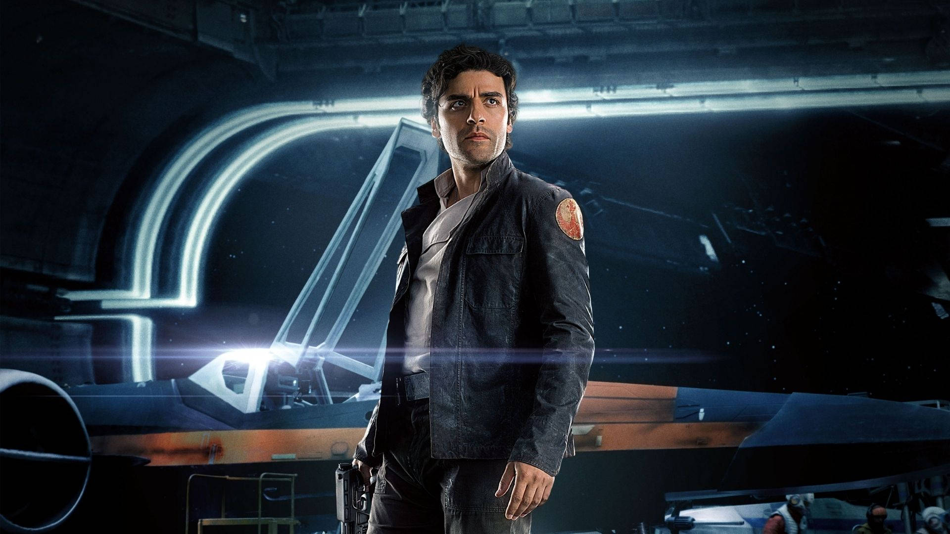 Oscar Isaac, spaceship hangar, glowing neon arches, Full HD Desktop Wallpaper