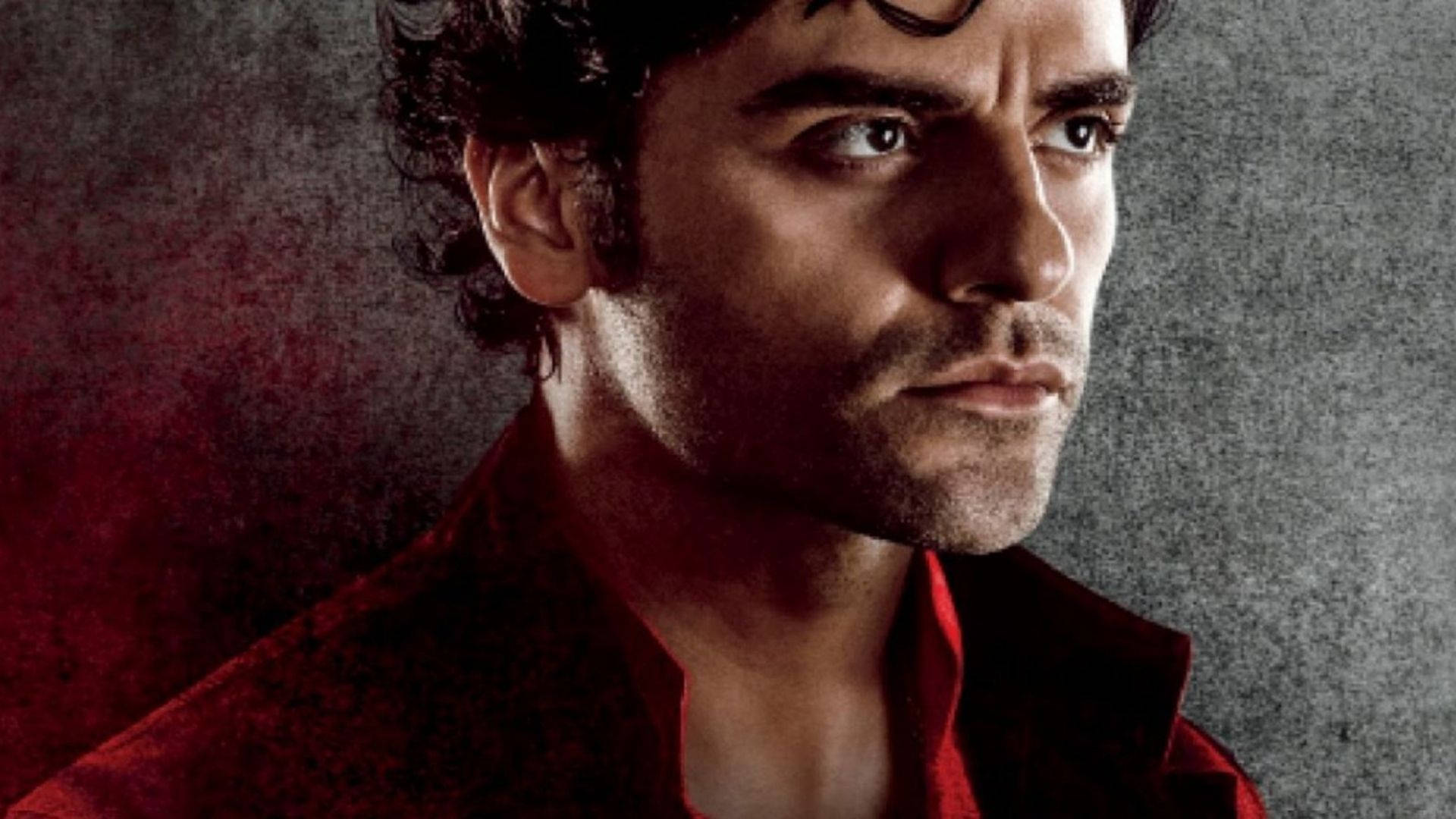 Oscar Isaac, red suit, dark curly hair, Full HD Desktop Wallpaper