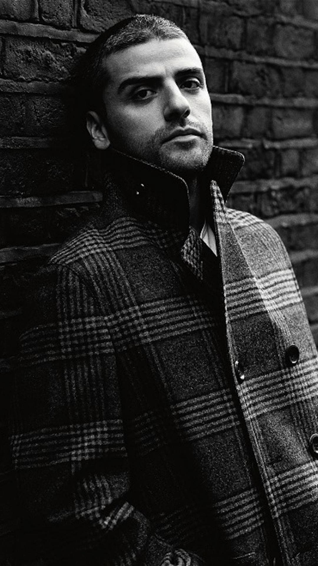 Oscar Isaac, plaid coat, brick wall, Full HD Phone Wallpaper