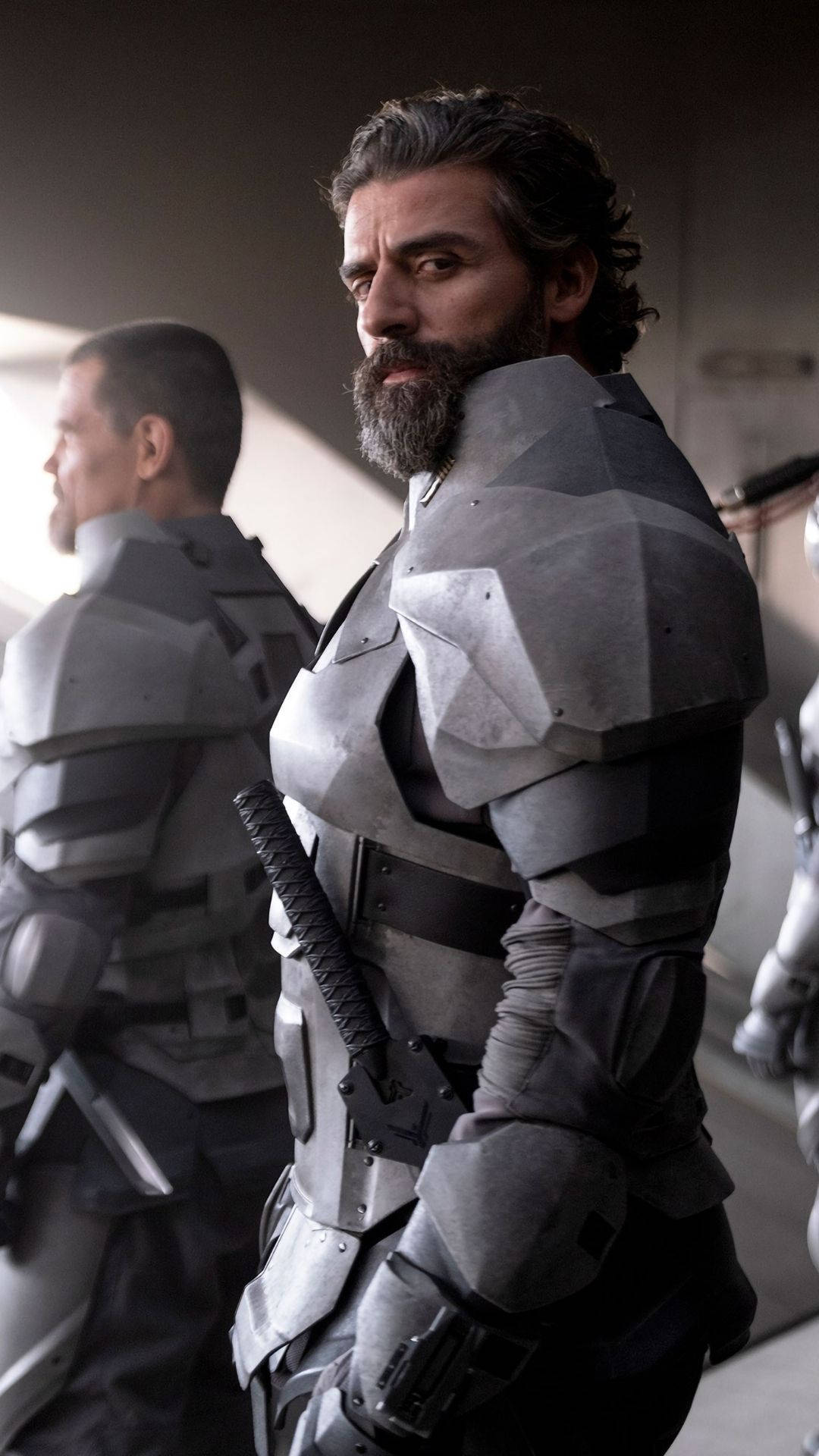 Oscar Isaac, futuristic gray armor, katana, Full HD Phone Wallpaper