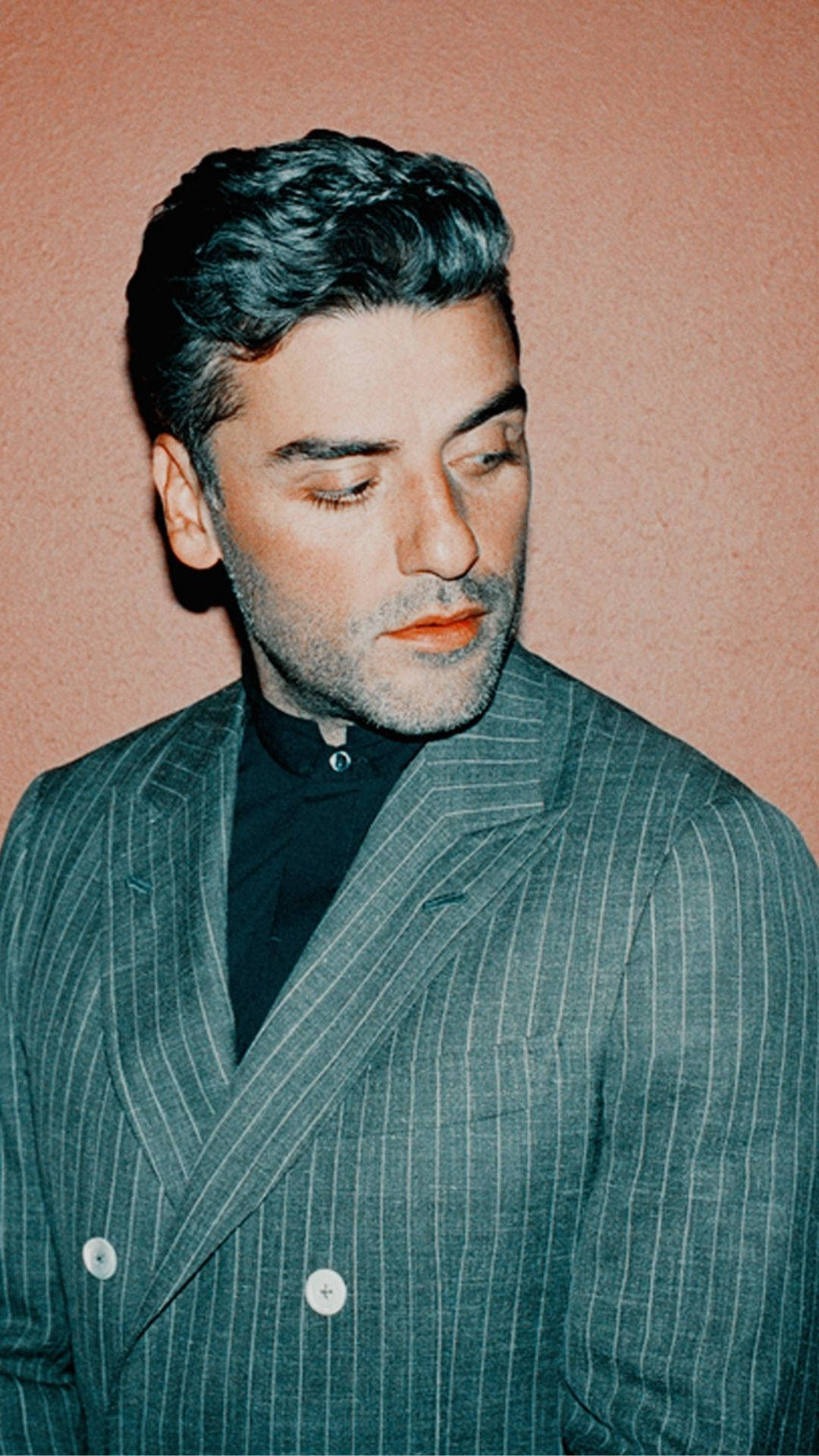 Oscar Isaac, pinstripe suit, muted pink wall, Full HD Phone Wallpaper