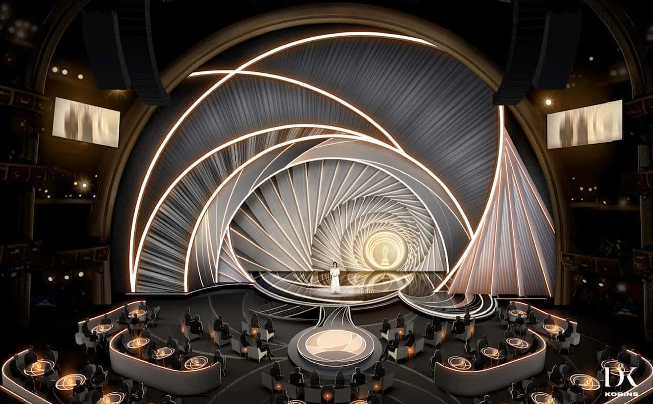 Oscars, futuristic stage, glowing spiral arches, HD Desktop Wallpaper