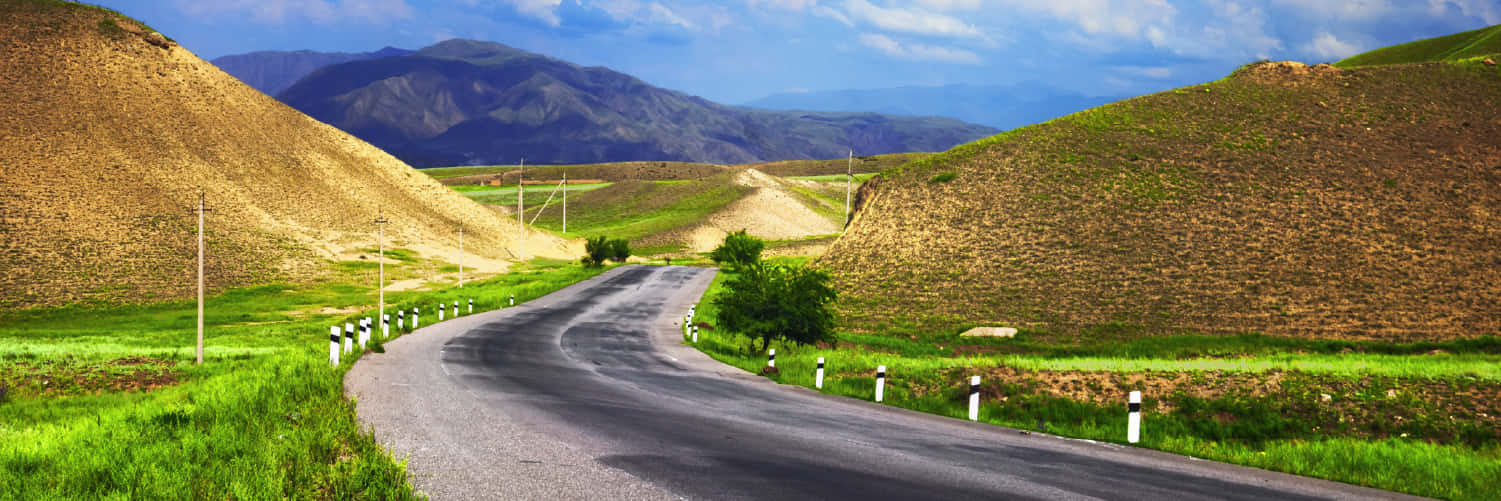 Osh, winding asphalt road, vibrant green grasslands, HD Desktop Wallpaper