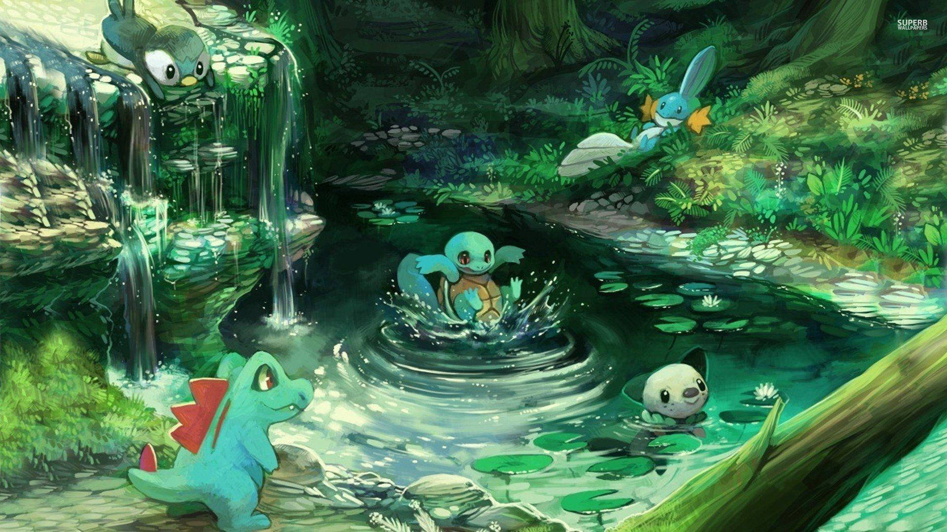 Oshawott, anime-style, pond scene, Full HD Desktop Wallpaper