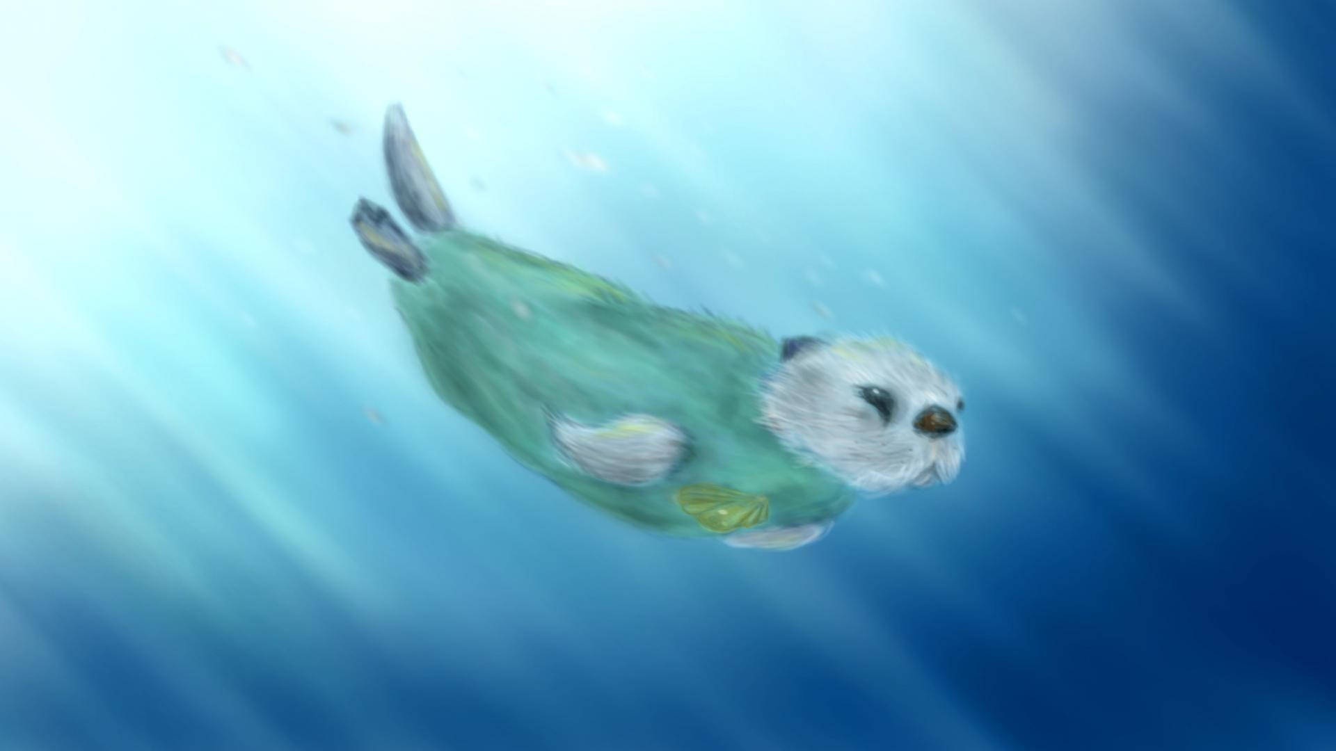 Oshawott, sea otter, sunlit blue water, Full HD Desktop Wallpaper